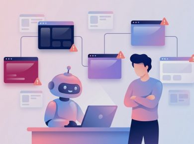 AIロボットがノートパソコンで作業し、人間が腕を組んでワークフローの警告マークを点検している様子を描いたフラットイラスト