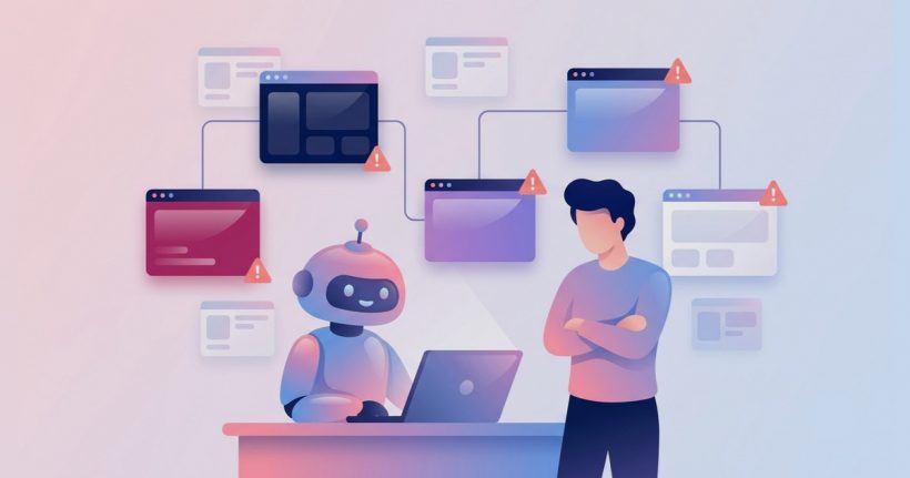 AIロボットがノートパソコンで作業し、人間が腕を組んでワークフローの警告マークを点検している様子を描いたフラットイラスト